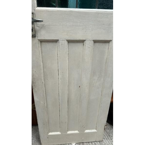 338 - Pine 3 panel door with stained glass lead light, door 197cm (h) x 76cm (w) x 3.5cm (d), window 41cm ... 