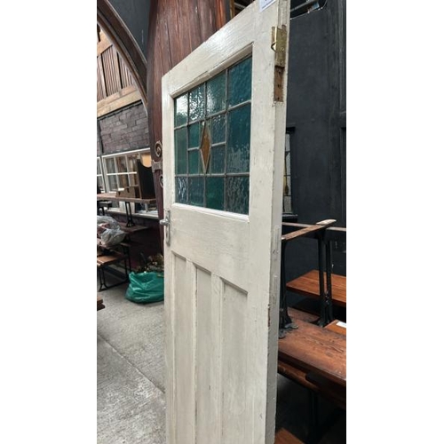 338 - Pine 3 panel door with stained glass lead light, door 197cm (h) x 76cm (w) x 3.5cm (d), window 41cm ... 