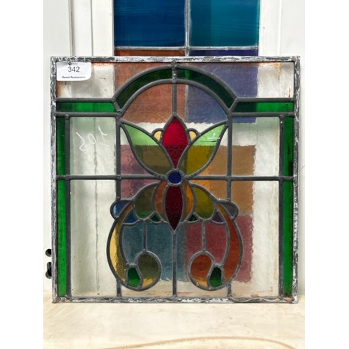 342 - Lead lined stained glass window, small crack, 45cm (h) x 45cm (w)  / All lots are located at Gower R... 