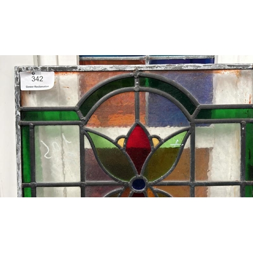 342 - Lead lined stained glass window, small crack, 45cm (h) x 45cm (w)  / All lots are located at Gower R... 