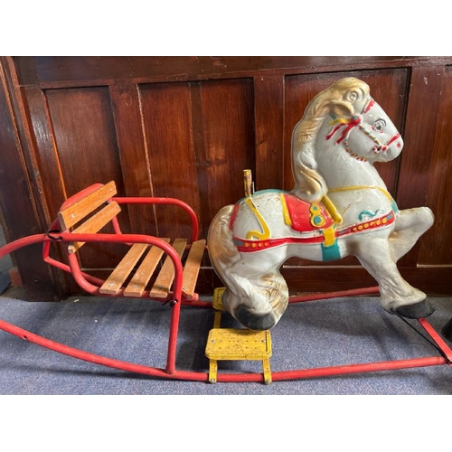 563 - Vintage sleigh style rocking horse, missing handlebars and bolts, 100x60x30cm, incomplete  / All lot... 