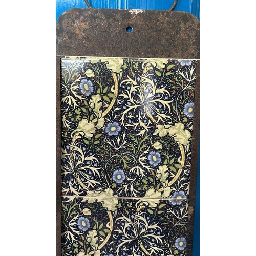 566 - Half set of five William Morris style fireplace tiles, each 15.2cm squared, with metal tile holder  ... 