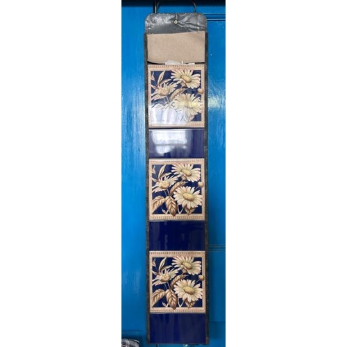 572 - Half set of three H&R Johnson fireplace tiles, each 14.5x16cm, with metal tile holder  / All lots ar... 