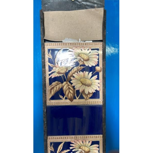 572 - Half set of three H&R Johnson fireplace tiles, each 14.5x16cm, with metal tile holder  / All lots ar... 