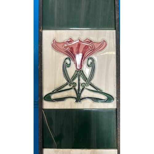 574 - Half set of three art nouveau flower fireplace tiles, each 15x15.5cm, with metal tile holder  / All ... 