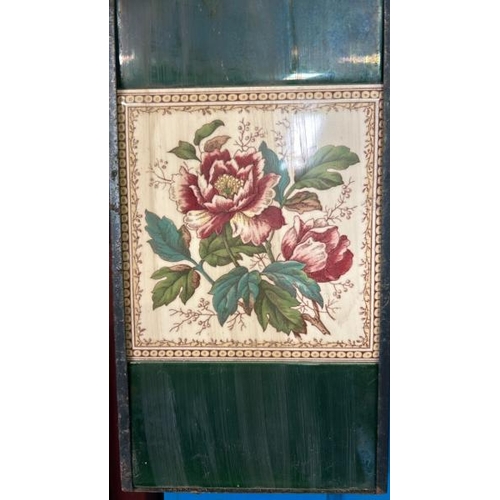 575 - Half set of three H&R Johnson fireplace tiles, each 15x16cm, with metal tile holder   / All lots are... 