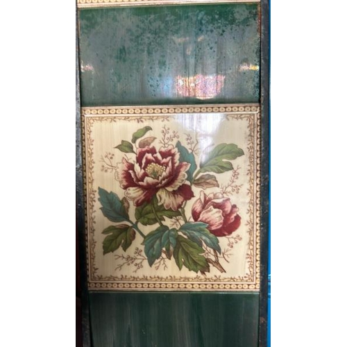 575 - Half set of three H&R Johnson fireplace tiles, each 15x16cm, with metal tile holder   / All lots are... 