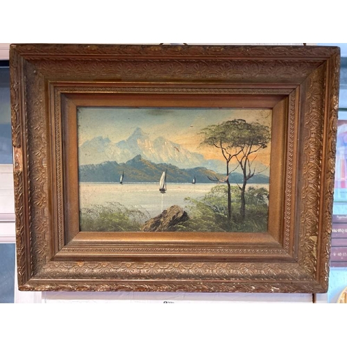 58 - A framed oil on board depicting three boats sailing on the river, unsigned, 35cm (h) x 45cm (w)  / A... 