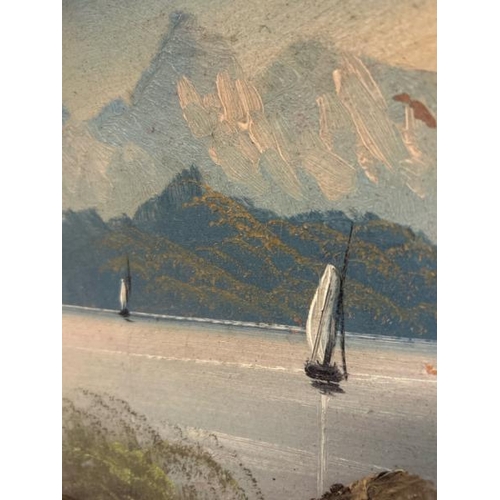 58 - A framed oil on board depicting three boats sailing on the river, unsigned, 35cm (h) x 45cm (w)  / A... 