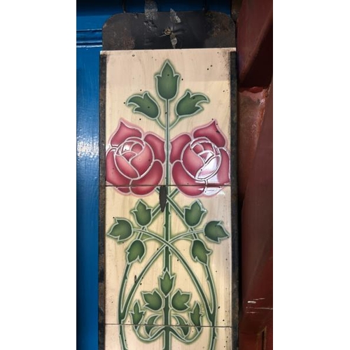 583 - Half set of five stovax rose and bud fireplace tiles, each 15x15cm, with metal tile holder   / All l... 