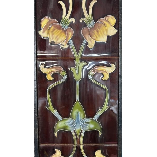 584 - Half set of five art nouveau floral fireplace tiles, each 15x15cm, with metal tile holder  / All lot... 