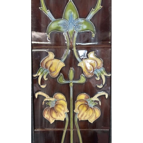 584 - Half set of five art nouveau floral fireplace tiles, each 15x15cm, with metal tile holder  / All lot... 