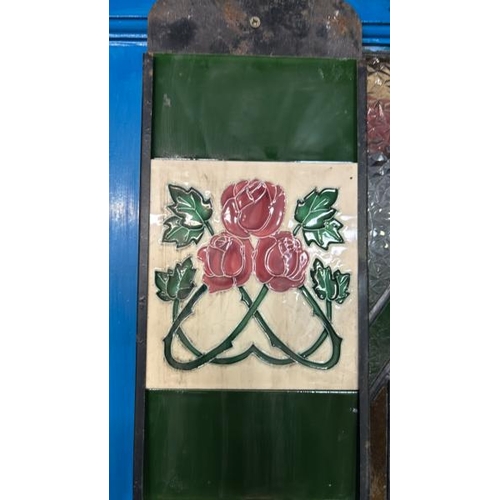 585 - Half set of stovax red roses fireplace tiles, each 15x15cm, with metal tile holder   / All lots are ... 