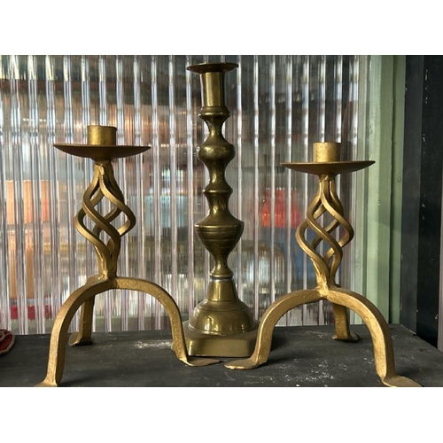 607 - Three brass candle holders including two of twisted form, tallest 28cm (h)  / All lots are located a... 