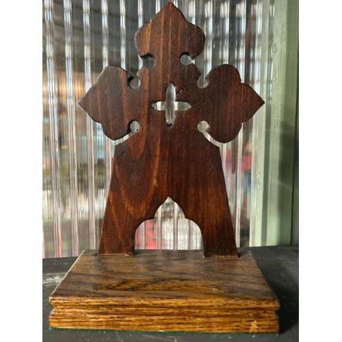 609 - Carved figure and wooden bible stand with felt base, 24cm (h)  / All lots are located at Gower Recla... 