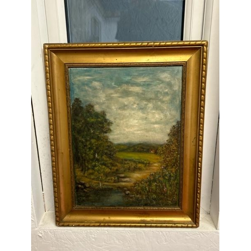 61 - A framed oil on board of a countryside scene, unsigned, 53cm (h) x 42cm (w)  / All lots are located ... 