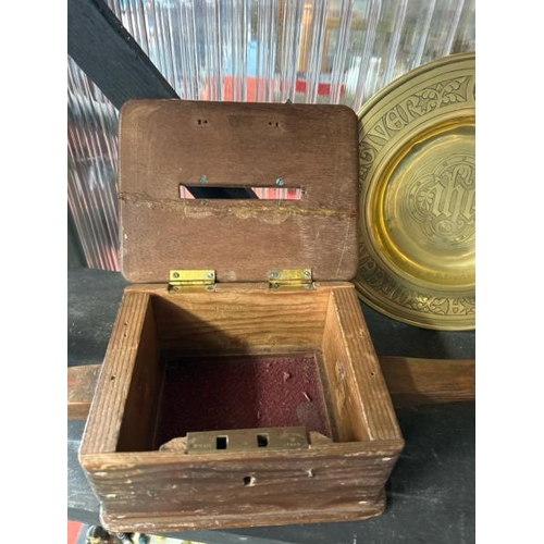 611 - Vintage wooden donation box, 12cm (h) x 47cm (w) x 13cm (d)  / All lots are located at Gower Reclama... 