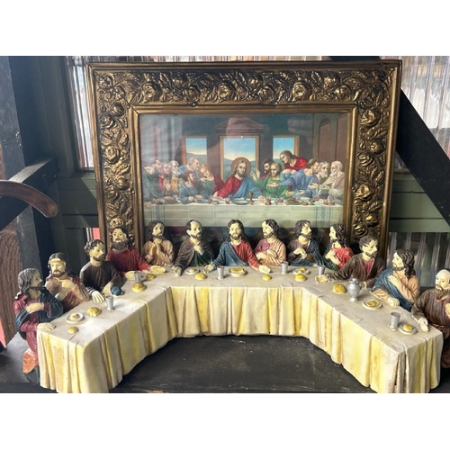 614 - Model plaster reproduction of the last supper with a brass framed print, model is 42cm (w) x 11cm (h... 