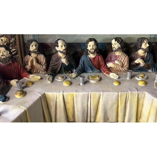 614 - Model plaster reproduction of the last supper with a brass framed print, model is 42cm (w) x 11cm (h... 