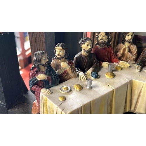 614 - Model plaster reproduction of the last supper with a brass framed print, model is 42cm (w) x 11cm (h... 