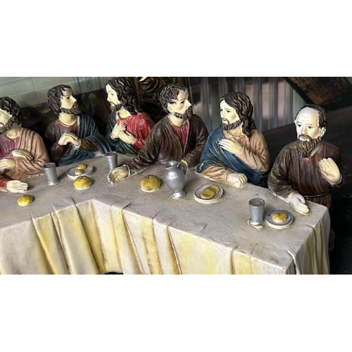 614 - Model plaster reproduction of the last supper with a brass framed print, model is 42cm (w) x 11cm (h... 