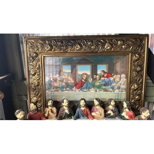 614 - Model plaster reproduction of the last supper with a brass framed print, model is 42cm (w) x 11cm (h... 