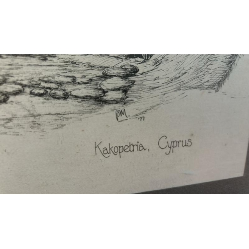 62 - A framed and glazed drawing by Kakopetria Cyprus, 62cm (h) x 49cm (w)  / All lots are located at Gow... 