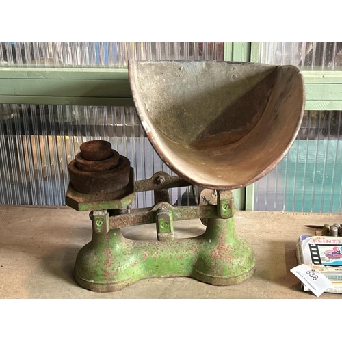 639 - Vintage cast iron shop scales with weights, approx 33x36cm  / All lots are located at Gower Reclamat... 