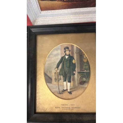 67 - Three framed prints, one of an 1832 Fireman, 66cm (h) x 51cm (w)  / All lots are located at Gower Re... 