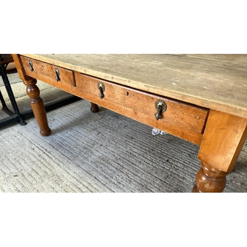 749 - A four drawer oak kitchen table, 74cm (h) x 76cm (d) x 153cm (w), in need of some restoration  / All... 