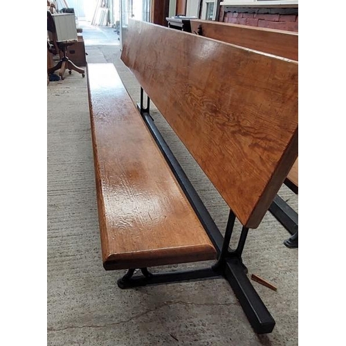 754 - Metamorphic pitch pine church pew, approximately 8ft long, two pews form into a table  / All lots ar... 