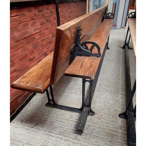 754 - Metamorphic pitch pine church pew, approximately 8ft long, two pews form into a table  / All lots ar... 