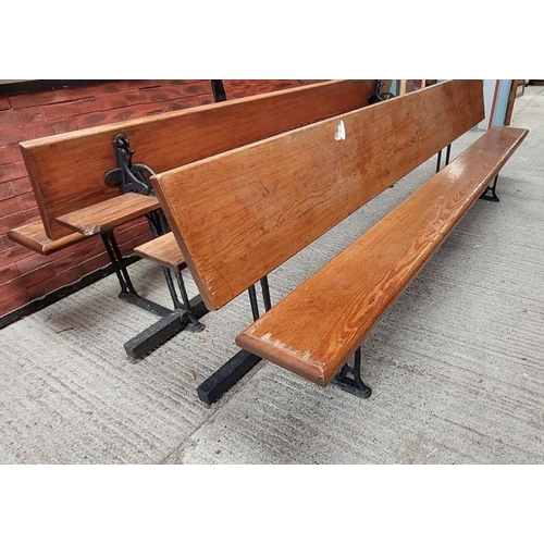 754 - Metamorphic pitch pine church pew, approximately 8ft long, two pews form into a table  / All lots ar... 