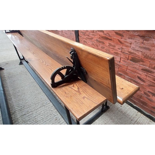 754 - Metamorphic pitch pine church pew, approximately 8ft long, two pews form into a table  / All lots ar... 