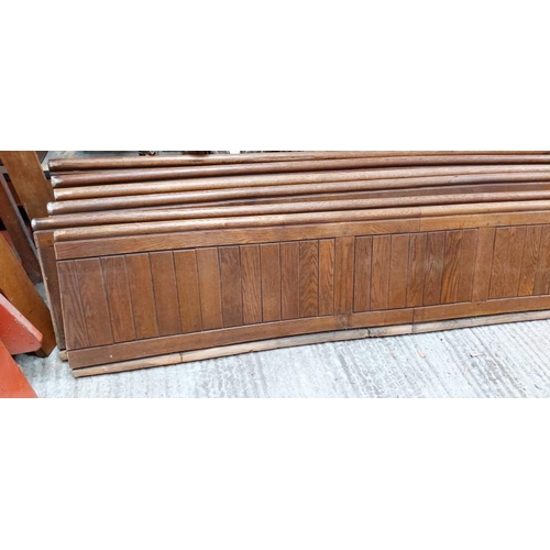 773 - Three curved oak pew backs, 3.5m long x 45cm (h) x 5cm thick  / All lots are located at Gower Reclam... 