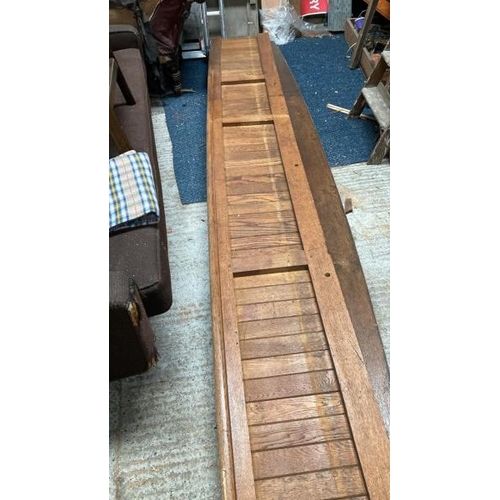 773 - Three curved oak pew backs, 3.5m long x 45cm (h) x 5cm thick  / All lots are located at Gower Reclam... 