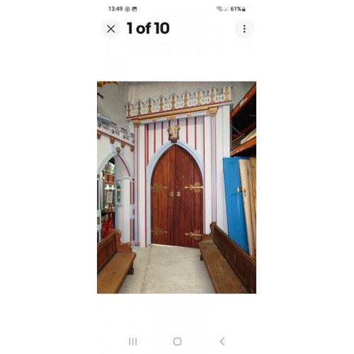 779 - A pair of ornate pitch pine church entry doors with original frame and hinges, included is the faux ... 