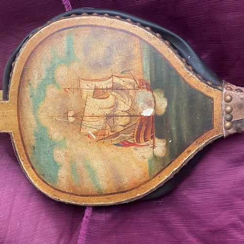 728 - 20th century hand-painted leather and wood bellows featuring a nautical scene.    / All lots are loc... 