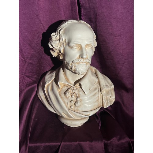 808 - A plaster bust of Shakespear, some damage to the base, 57cm (h) x 49cm (w) x 15cm (d)  / All lots ar... 