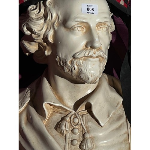 808 - A plaster bust of Shakespear, some damage to the base, 57cm (h) x 49cm (w) x 15cm (d)  / All lots ar... 