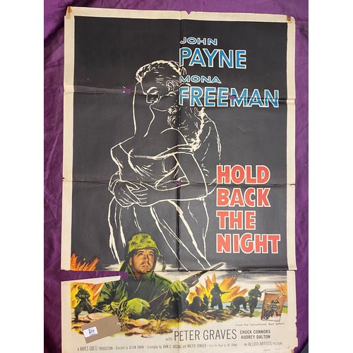 877 - Original film poster, Hold Back the Night, featuring John Payne and Mona Freeman  / All lots are loc... 