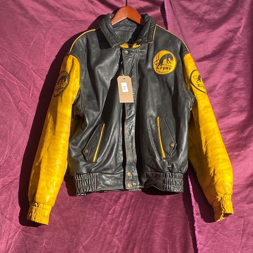 632 - Team Fury black and yellow leather racing jacket with logo  / All lots are located at The Barn, Hamp... 