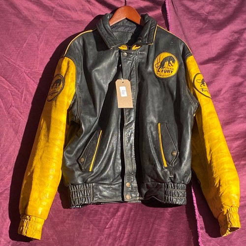 632 - Team Fury black and yellow leather racing jacket with logo  / All lots are located at The Barn, Hamp... 