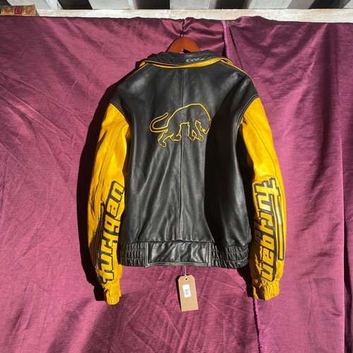 632 - Team Fury black and yellow leather racing jacket with logo  / All lots are located at The Barn, Hamp... 