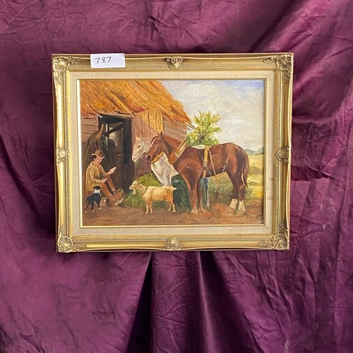 787 - A 20th century naive style painted scene depicting a farmer and animals  / All lots are located at T... 