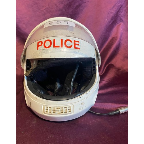 859 - Vintage Police Helmet with Visor, white, displays red 