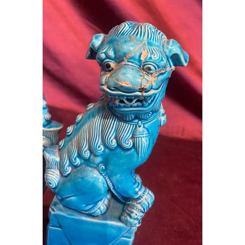 861 - Set of three early 20th century turquoise ceramic Foo Dog statues with glaze finish. Traditional gua... 