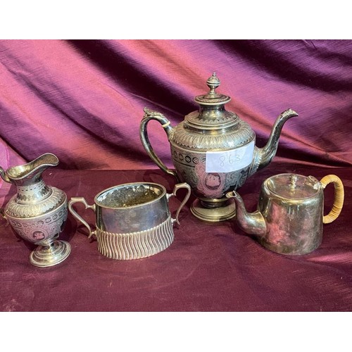 863 - Set of four antique EPNS silver tea service pieces, including intricately engraved teapot, sugar bow... 