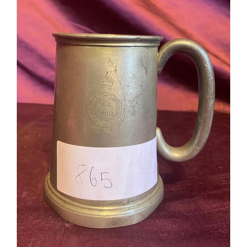 865 - Royal Military style pewter tankard with handle, inscribed 