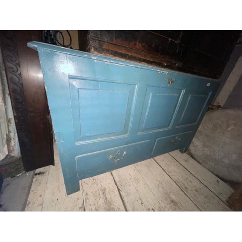 471 - A 19th century blue painted three panelled mule chest with two drawers and lift up lid / All lots ar... 